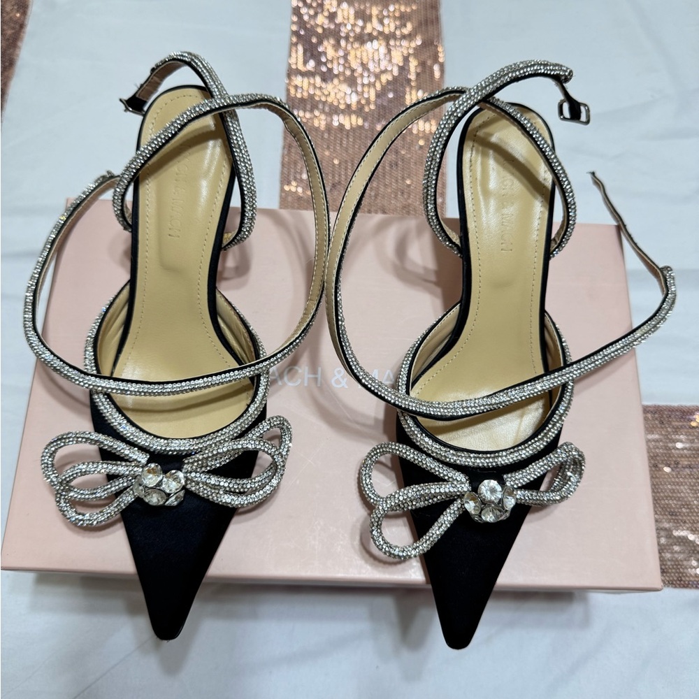 MACH & MACH Strass Bow Double Ankle-Strap Kitten Pumps